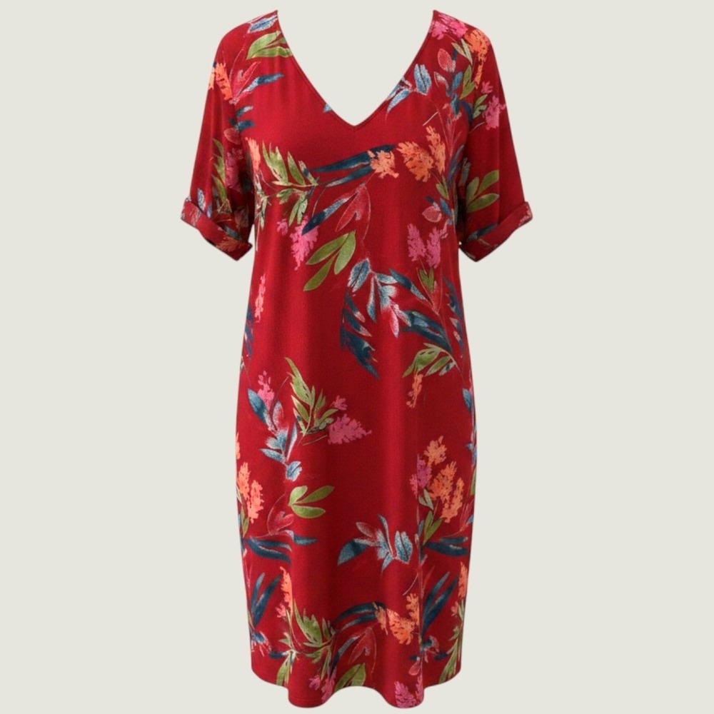 Christian Siriano Shift Dress Womens XXL Red Floral Tropical V-Neck Short Sleeve